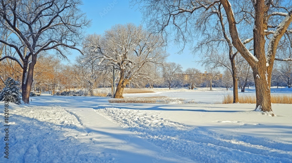 A peaceful winter landscape, white snow blanketing the ground and trees, under a clear blue sky. A peaceful winter landscape, white snow blanketing the ground and trees, under a clear blue sky.