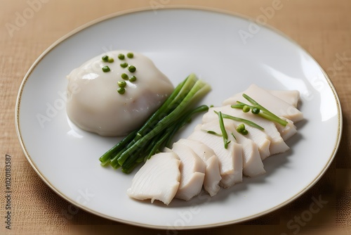 A delicate plate of poached chicken served cold with ginger scallion dipping sauce, Ai generated