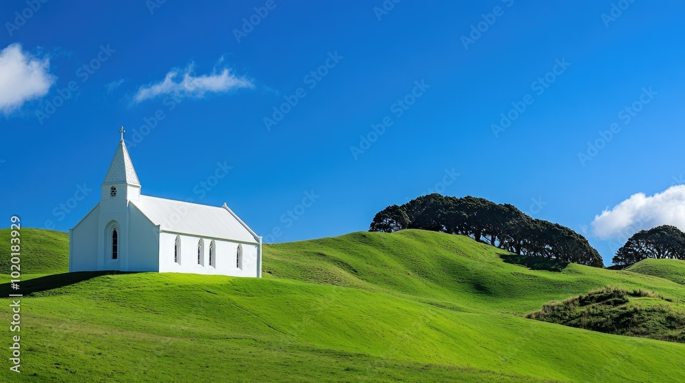 A pristine white church standing tall on a green hillside under a bright blue sky. A pristine white church standing tall on a green hillside under a bright blue sky.