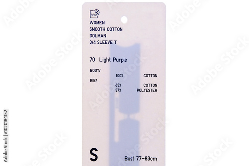 A silhouette outline of a RFID tag consisting of an antenna and microchip embedded in a clothing info label where retailers use wireless techology to keep track of inventories and sale of goods.