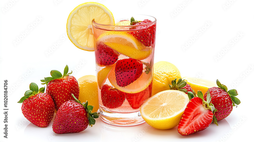 Refreshing strawberry lemonade in a glass with fresh strawberries and lemon slices, perfect for summer days. Refreshing strawberry lemonade in a glass with fresh strawberries and lemon slices, perfect for summer days.