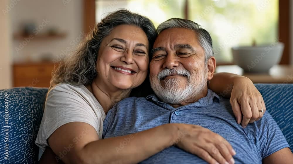Happy Senior Couple Sharing a Loving Embrace on a Comfortable Couch Happy Senior Couple Sharing a Loving Embrace on a Comfortable Couch