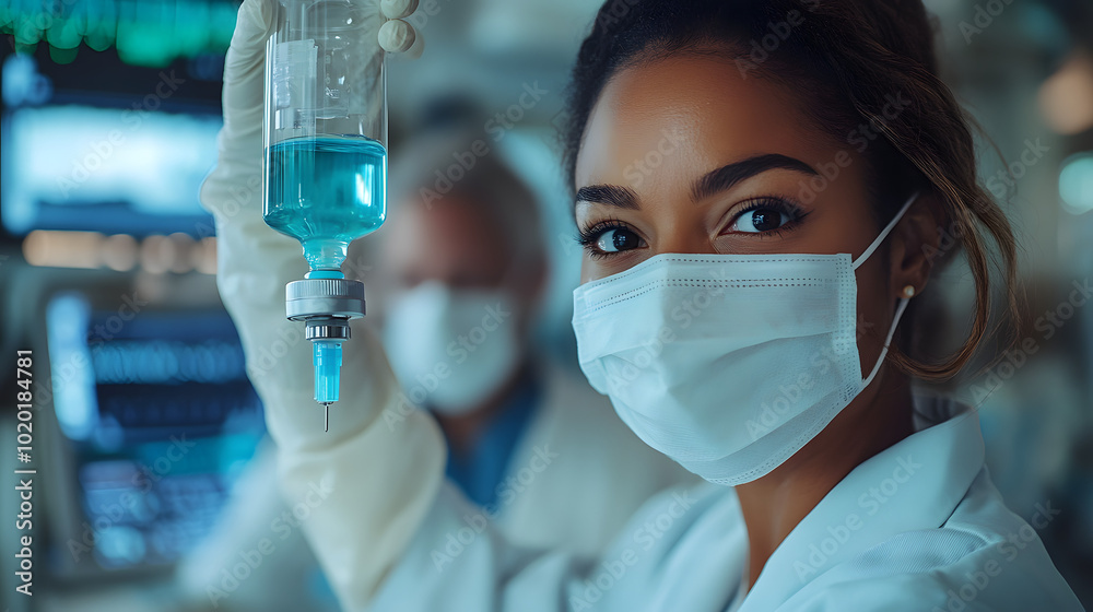 A nurse in a white coat and mask is holding an IV bag, providing care to a patient.
A nurse in a white coat and mask is holding an IV bag, providing care to a patient.