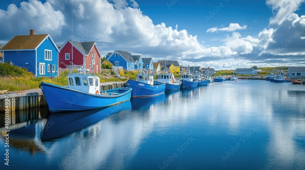 A row of blue fishing boats lined up along a peaceful harbor under a bright sky. A row of blue fishing boats lined up along a peaceful harbor under a bright sky.