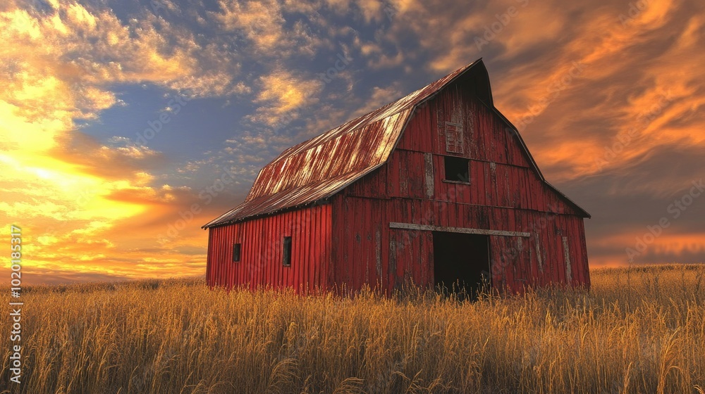 A rustic barn with a faded red exterior, set against golden fields and a sunset sky. A rustic barn with a faded red exterior, set against golden fields and a sunset sky.