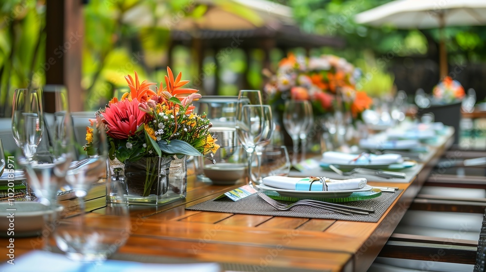 An elegantly set outdoor dining table is depicted in the image An elegantly set outdoor dining table is depicted in the image