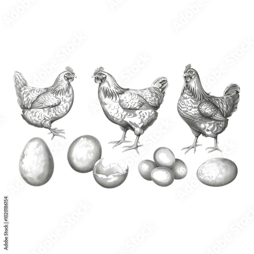 Chicken farm, home patica. Vintage engraving from 1800, set of elements isolated on white background for design, print, showcase, banner, packaging. photo