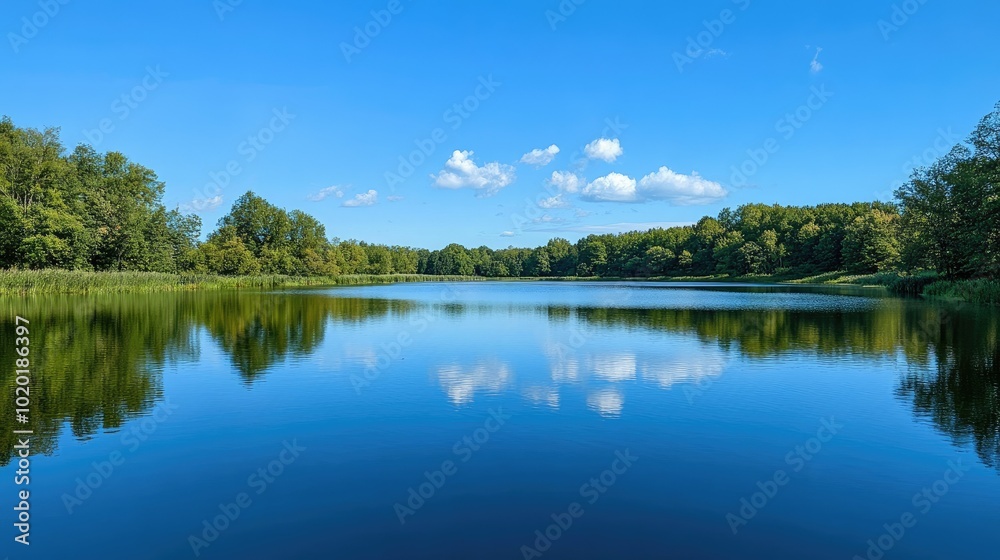 A serene lake reflecting the deep blue of the sky on a calm, sunny day. A serene lake reflecting the deep blue of the sky on a calm, sunny day.