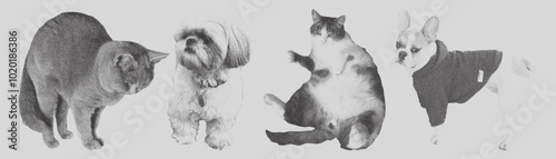Retro punk collage cat and dog set. Halftone stipple effect.