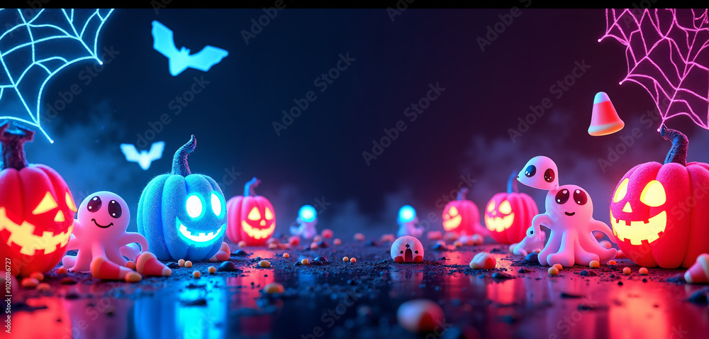 Obraz premium Neon Halloween Scene Pumpkins Ghosts Candy
