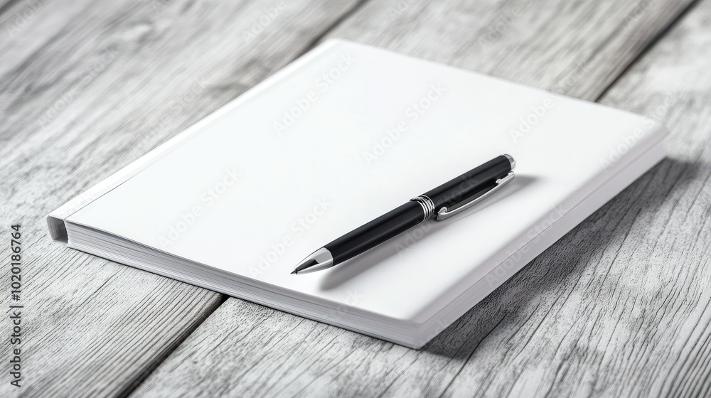 A simple white notebook and pen on a clean wooden desk, ready for note-taking.
