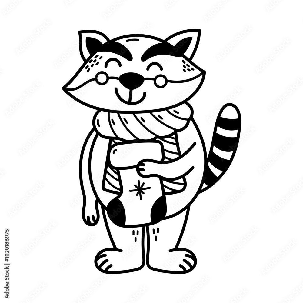 Raccoon coloring New Year's drawing with Santa Claus sock for a gift. Line black Raccoon coloring New Year's drawing with Santa Claus sock for a gift. Line black