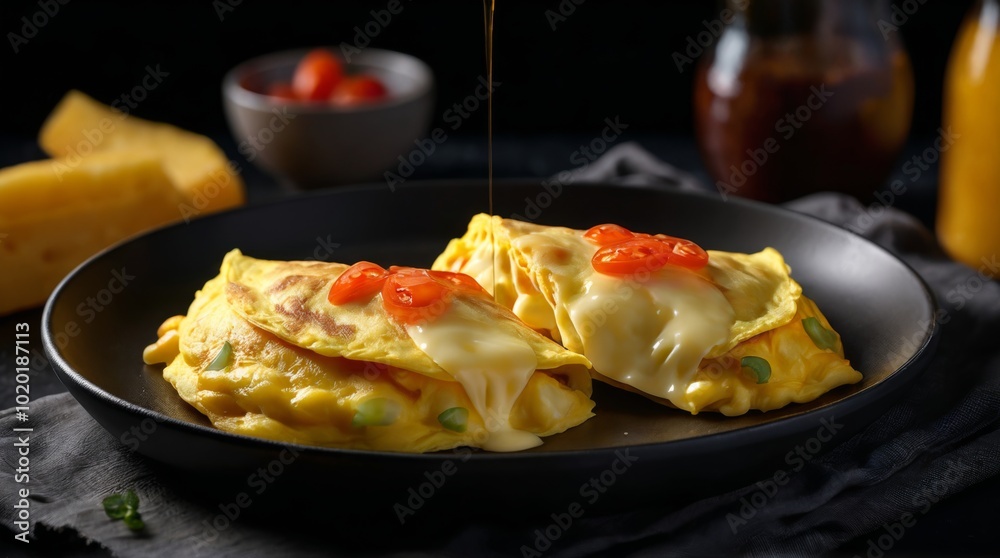 Generative, AI, a stack of savory pancakes layered with melted cheese, topped with fresh basil leaves, and a golden sauce dripping down the sides. A bowl of scrambled eggs and an egg are in the backgr Generative, AI, a stack of savory pancakes layered with melted cheese, topped with fresh basil leaves, and a golden sauce dripping down the sides. A bowl of scrambled eggs and an egg are in the backgr