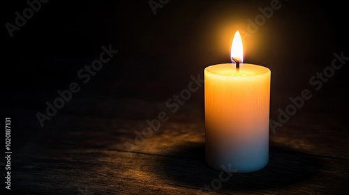 A single white candle burning softly in a quiet, dimly lit room.