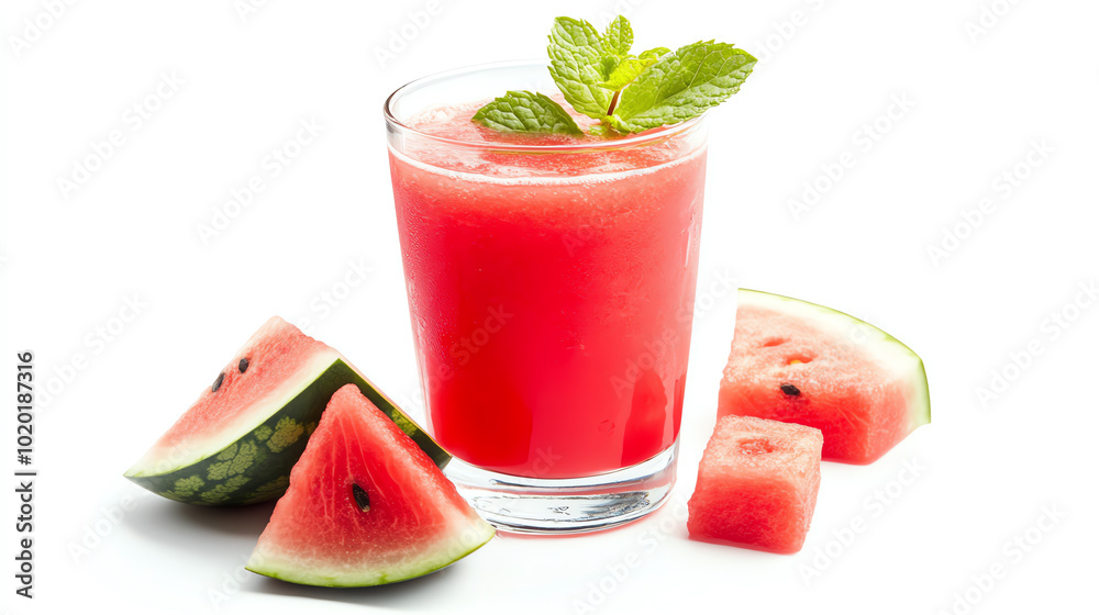 Refreshing watermelon juice with mint leaves, served in a transparent glass. Juicy watermelon slices beside for a vibrant touch. Refreshing watermelon juice with mint leaves, served in a transparent glass. Juicy watermelon slices beside for a vibrant touch.