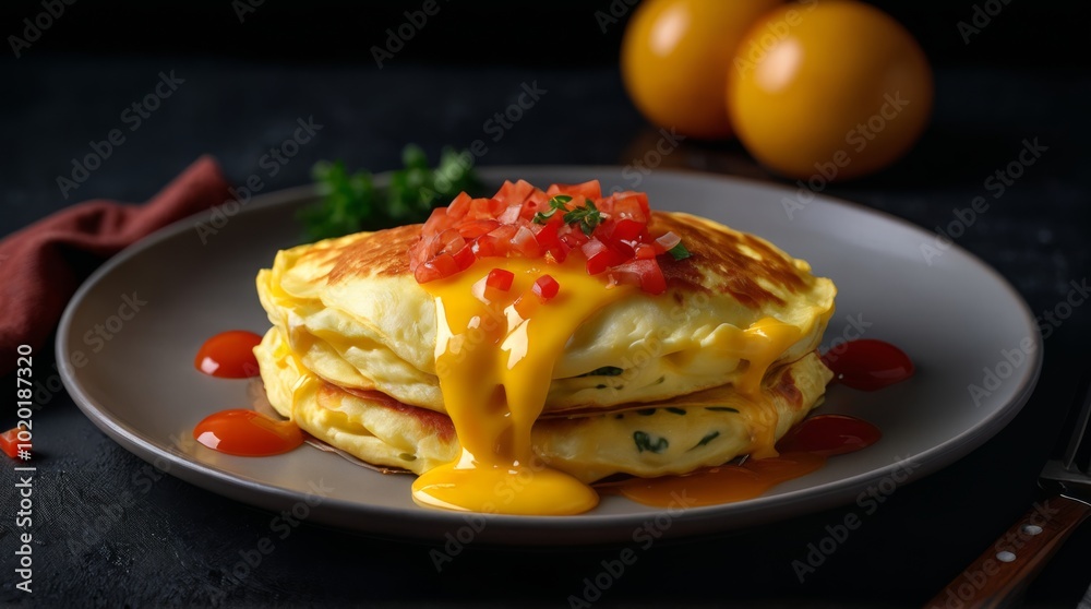 Fototapeta premium Generative, AI, a stack of savory pancakes layered with melted cheese, topped with fresh basil leaves, and a golden sauce dripping down the sides. A bowl of scrambled eggs and an egg are in the backgr