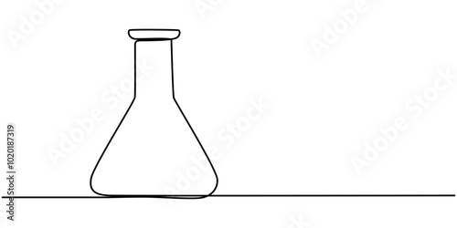 Lab experiment tools in continuous single one line art drawing. Minimalist glassware for laboratory research. Hand drawn vector illustration education and science concept, Chemical lab flask