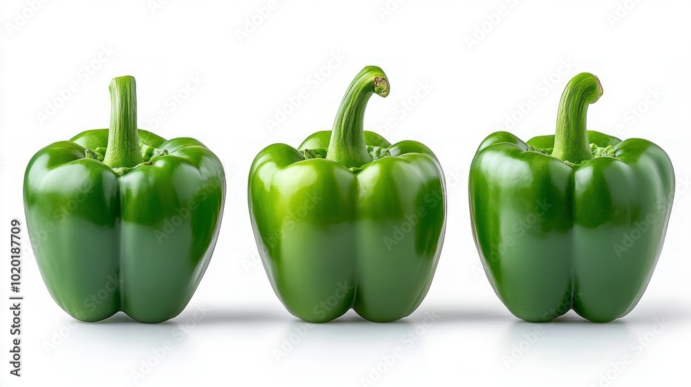 Three green bell peppers arranged in a row against a white background. Three green bell peppers arranged in a row against a white background.