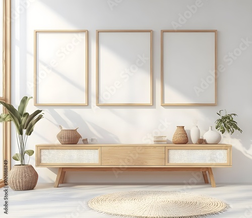 Modern Wooden Cabinet with Three Empty Frames and Decor