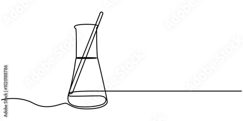 Lab experiment tools in continuous single one line art drawing. Minimalist glassware for laboratory research. Hand drawn vector illustration education and science concept, Chemical lab flask