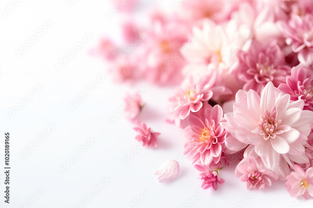A cascade of soft pink blooms sprawls across a clean, white surface, creating a serene atmosphere filled with natural elegance and charm A cascade of soft pink blooms sprawls across a clean, white surface, creating a serene atmosphere filled with natural elegance and charm