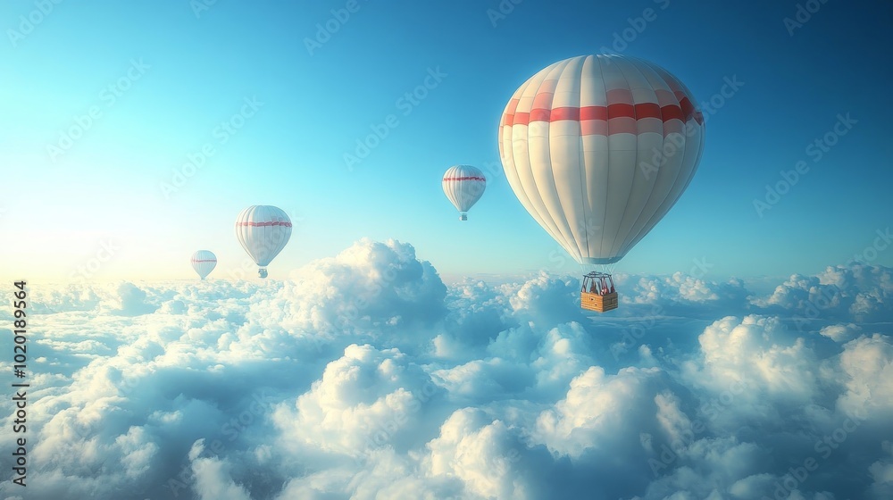 Naklejka premium Three hot air balloons soar high above a sea of fluffy white clouds, illuminated by the warm glow of the sun.