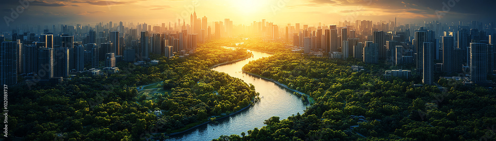 Stunning cityscape at sunrise, showcasing a meandering river surrounded by lush greenery and towering skyscrapers under a dramatic sky. Stunning cityscape at sunrise, showcasing a meandering river surrounded by lush greenery and towering skyscrapers under a dramatic sky.