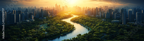 Stunning cityscape at sunrise, showcasing a meandering river surrounded by lush greenery and towering skyscrapers under a dramatic sky.
