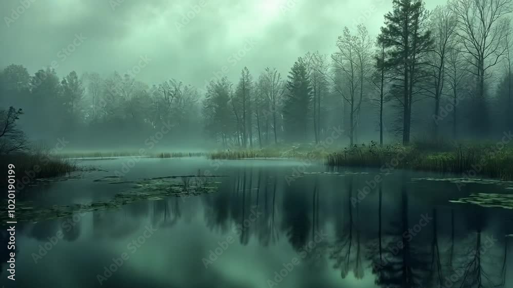 A serene, misty landscape with a calm lake and lily pads surrounded by trees footage, A serene, misty landscape with a calm lake and lily pads surrounded by trees footage,