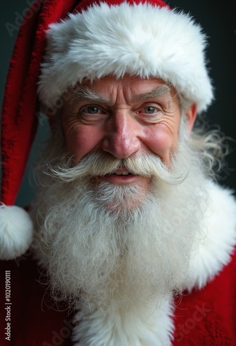 Santa Claus portrait close up. Handsome brutal man with white beard. Merry Christmas and Happy New Year