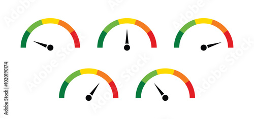 Speedometer icons with arrow. Dashboard with green, yellow and red indicators. tachometer. Low, medium, high and risk levels.