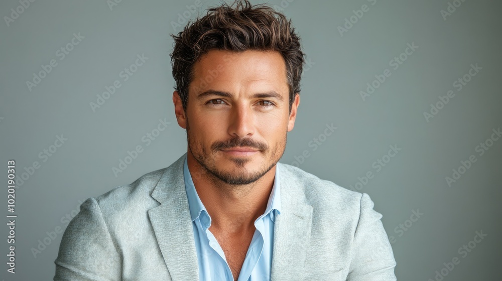 A handsome man in a light-colored blazer and blue shirt looks directly at the camera with a slight smile. A handsome man in a light-colored blazer and blue shirt looks directly at the camera with a slight smile.