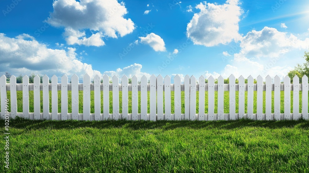 A white picket fence lining a well-kept green lawn under a sunny sky. A white picket fence lining a well-kept green lawn under a sunny sky.