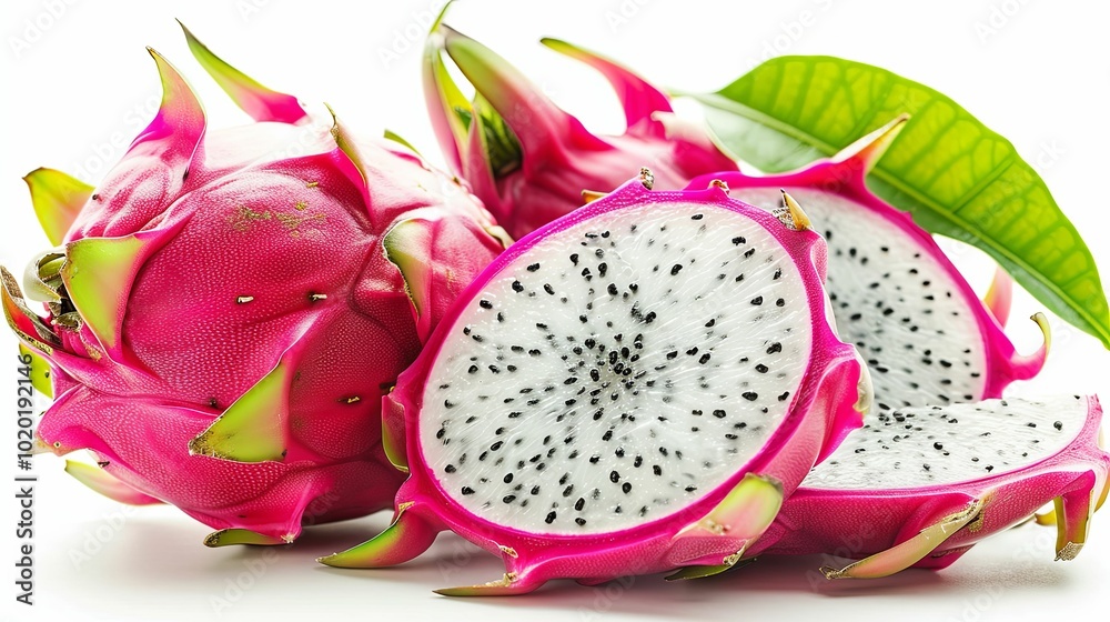 Close-up of Whole and Sliced Dragon Fruit with Green Leaf Close-up of Whole and Sliced Dragon Fruit with Green Leaf