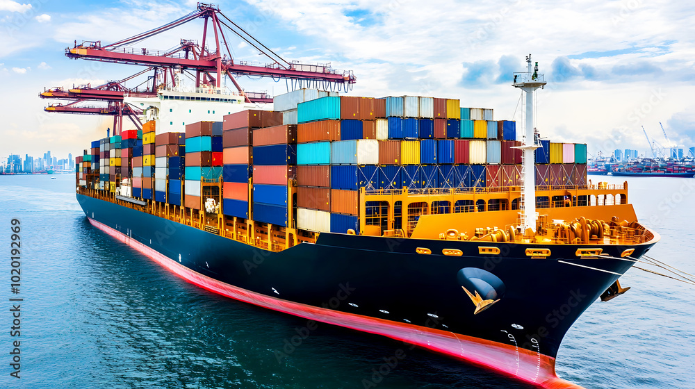 Fototapeta premium Cargo Ship Being Loaded at Busy Shipping Port