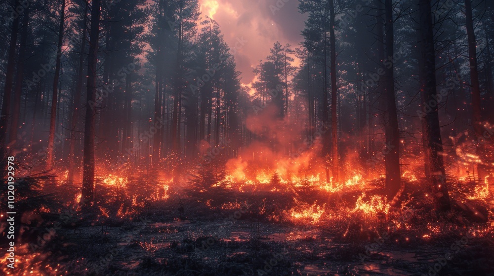 Majestic forest ablaze at twilight, revealing nature’s fierce struggle against the flames. Generative AI Majestic forest ablaze at twilight, revealing nature’s fierce struggle against the flames. Generative AI