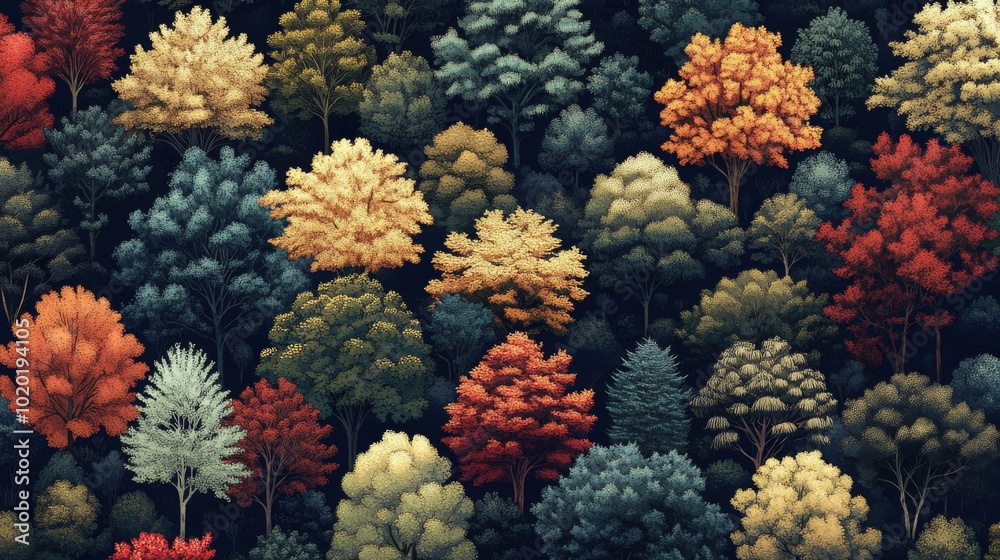 Fototapeta premium A dense forest with vibrant autumn foliage and a dark background