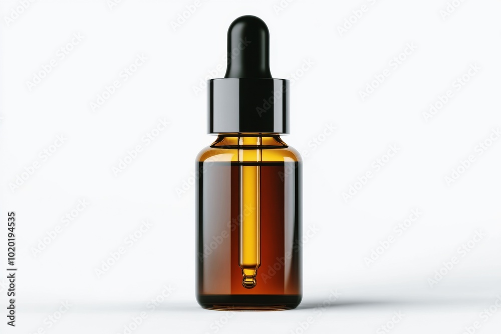 Minimalist amber glass dropper bottle for essential oils, skincare serums, or cosmetic products isolated on white background Minimalist amber glass dropper bottle for essential oils, skincare serums, or cosmetic products isolated on white background