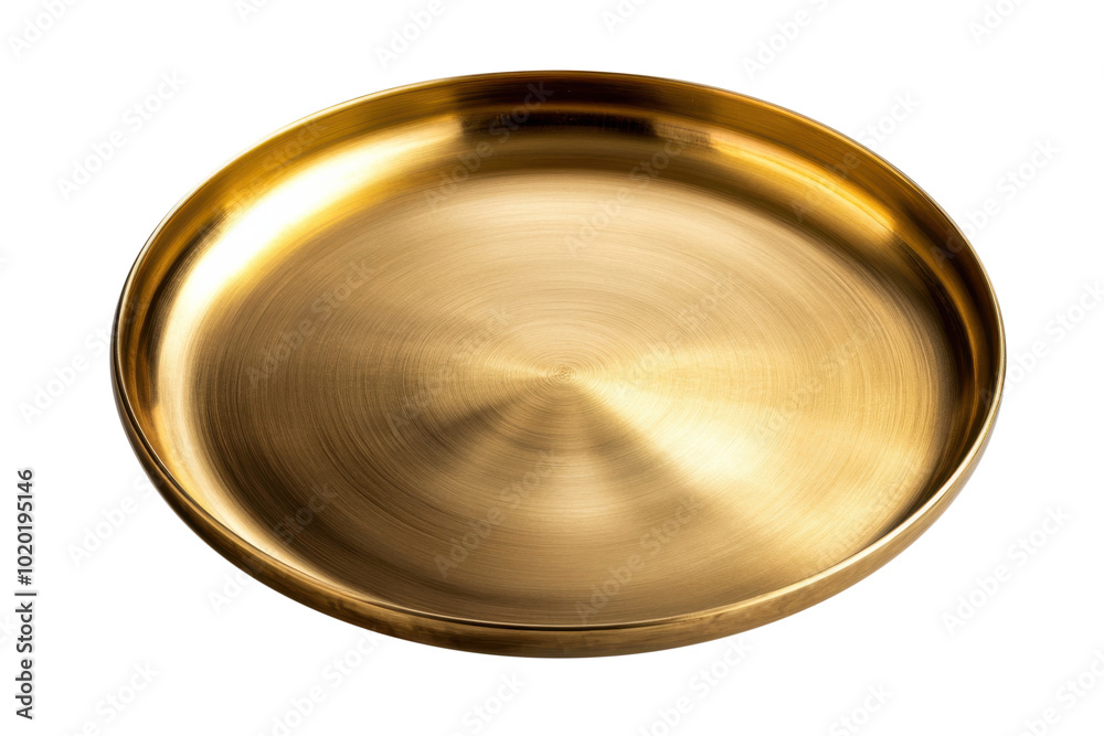 Golden brass round serving plate with a polished surface isolated on a white background, clipping path, cut out, PNG