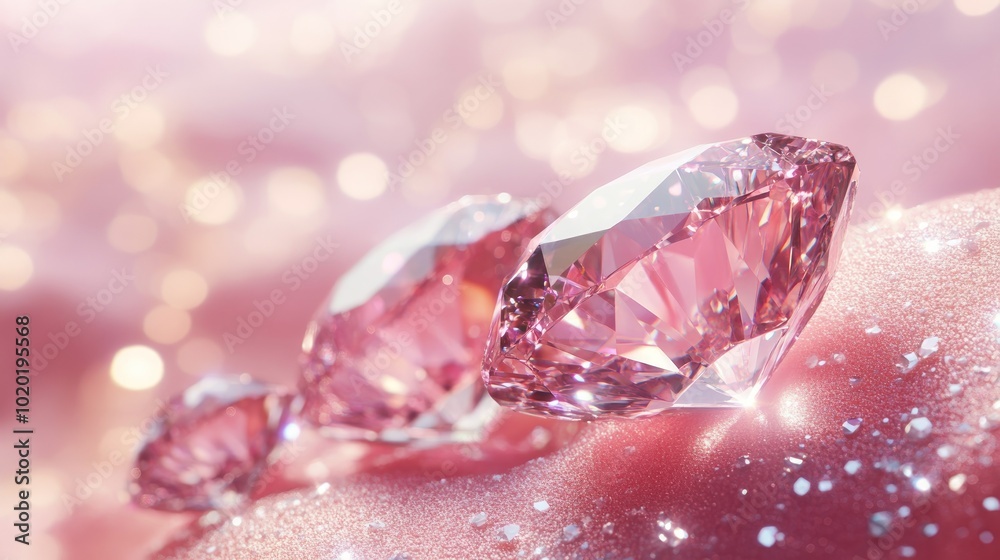 Three pink diamonds sparkle on a pink, glittery background. Three pink diamonds sparkle on a pink, glittery background.