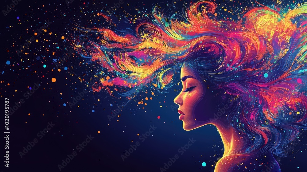 Fantasy style illustration of a beautiful woman with colorful hair and headpiece, set against a dark blue background with a vibrant explosion of colors Fantasy style illustration of a beautiful woman with colorful hair and headpiece, set against a dark blue background with a vibrant explosion of colors