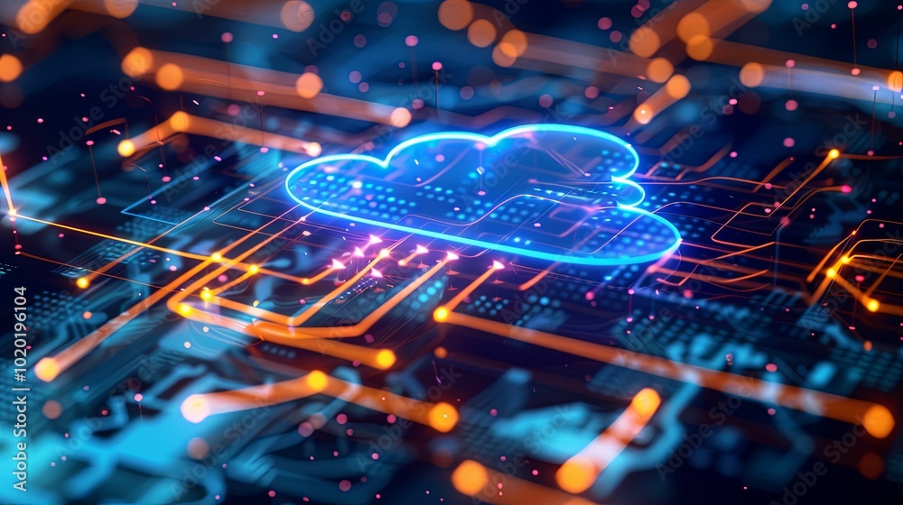 A glowing cloud symbol on a futuristic circuit board. A glowing cloud symbol on a futuristic circuit board.
