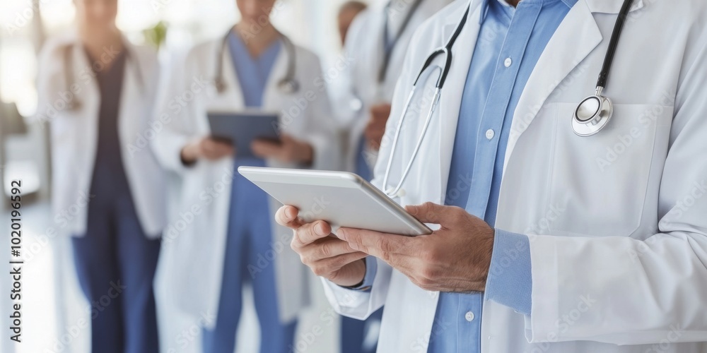 Closeup of a doctor's hands holding a tablet. Closeup of a doctor's hands holding a tablet.