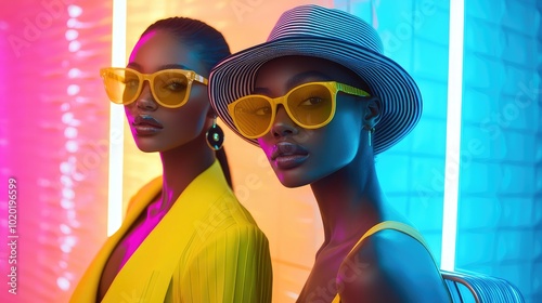  Neon-lit fashion scene with two models: woman in yellow sunglasses and striped hat, standing with luggage against airport wall, showcasing summer fashion with Hasselblad X2D cinematic lighting photo