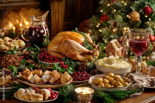 Christmas table setting with cookies and festive meal including fruit, bread, salad, and dessert, surrounded by red decorations and a gourmet feast photo