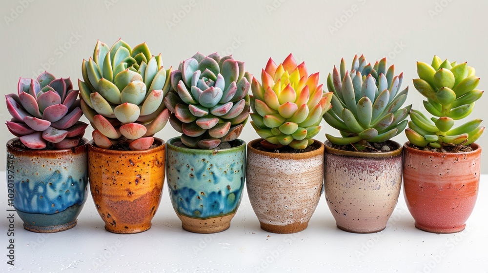 A vibrant arrangement of colorful succulents in unique handmade pots showcasing nature's artistry in a cozy indoor setting. Generative AI A vibrant arrangement of colorful succulents in unique handmade pots showcasing nature's artistry in a cozy indoor setting. Generative AI