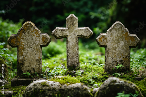 Three stone crosses in a cemetery