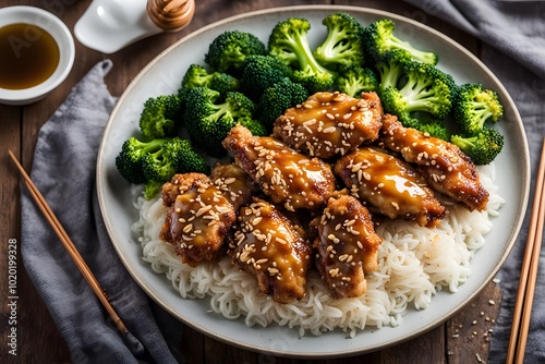 Golden crispy sesame chicken served with steamed broccoli and drizzled with honey glaze, Ai Generated