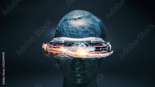 A close-up of the futuristic VR headset on a sculpture head, with holographic projections displaying data and visuals, against a dark background. 