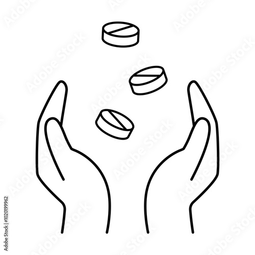Silhouette of a hand with falling pills, clean outline icon for pharmaceutical themes